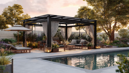 An outdoor scene depicts a modern pergola next to a swimming pool. Soft curtains surround the seating area, and the scene is framed by lush greenery, creating a serene environment. The image has a warm color palette, with sunlight casting shadows and highlighting the textures. Suitable for advertising and lifestyle content.の素材