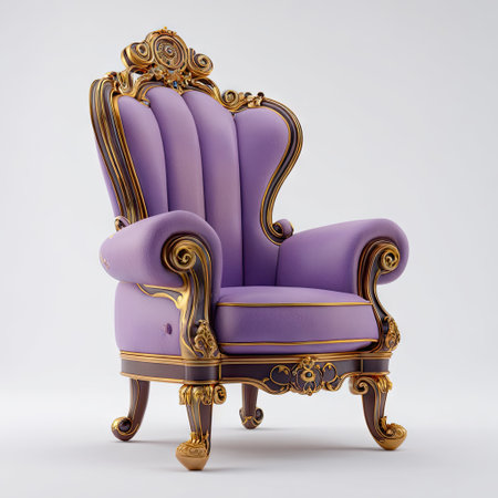 A detailed illustration features a regal armchair. The chair is primarily purple, contrasted by golden trim and accents. The style suggests a classic or historical influence. The composition is isolated on a white background, with soft lighting emphasizing the form. Suitable for design, marketing, and decorative applications.の素材