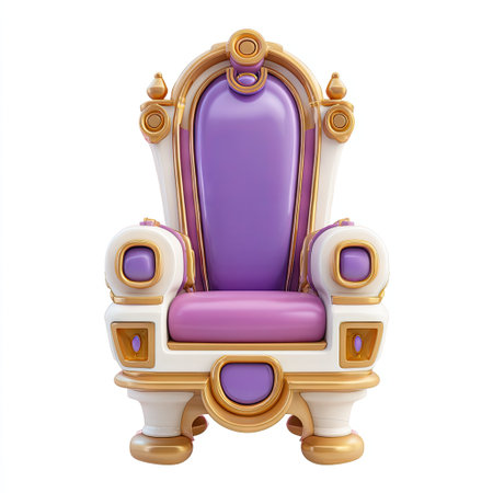 A digitally rendered illustration features a regal throne, showcasing an elaborate design with gold accents. The chair displays a blend of white and purple colors. This image, illuminated with overhead lighting, is rendered in a 3D style. Suitable for editorial and commercial projects.の素材