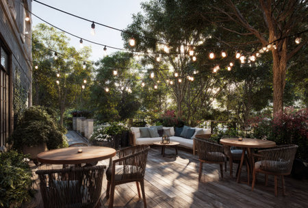 An outdoor seating area features a modern arrangement of sofas and tables under ambient string lights. The space is surrounded by trees and plants, creating a natural environment. Sunlight filters through the leaves, illuminating the wood deck. Suitable for architectural visualization, lifestyle concepts, and commercial designs.の素材