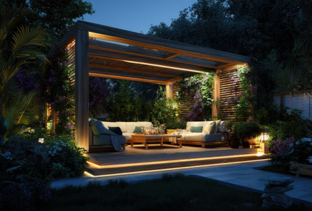 An inviting outdoor living space is depicted with a modern aesthetic. A wooden pergola frames a seating area, illuminated by ambient lighting. The composition highlights comfortable furnishings amidst lush greenery. This image could be suitable for architectural design, interior decoration, or lifestyle content.の素材