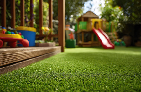 This image showcases a vibrant outdoor playground with green artificial turf. A wooden deck and structure frame the view, while a playhouse and slide provide recreational elements. The composition features selective focus, highlighting the foreground grass. Potential uses include advertising materials or website design.の素材