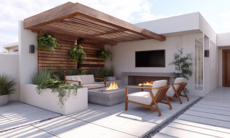 This image showcases an outdoor living area with a modern design aesthetic. It features a fireplace, comfortable seating arrangements, and lush greenery. The composition includes a wooden pergola and concrete elements. The scene is lit with natural light, suggesting a daytime setting. Suitable for various commercial projects or editorial purposes.の素材