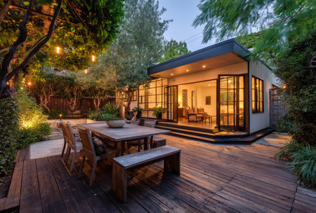 A modern outdoor patio dining space features a wooden deck, table, and bench seating. Illuminated by warm string lights and interior lights, the open glass doors reveal a well-lit interior. This inviting scene is suitable for various commercial and editorial uses, showcasing home design and lifestyle.の素材