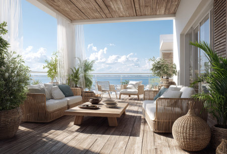 An open-air living space showcases comfortable seating arrangements and decorative elements with a view of the ocean. The composition features neutral tones with natural textures, bathed in daylight. This setting suggests relaxation and leisure, suitable for lifestyle, travel, or architectural concepts.の素材