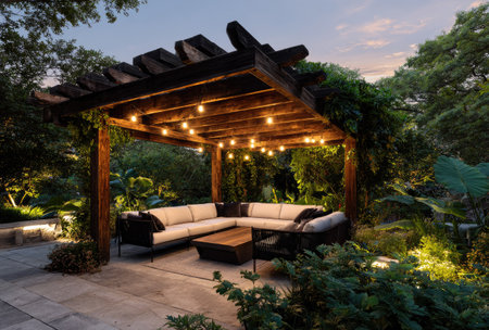 An exterior view showcases an outdoor living area, illuminated by string lights on a wooden pergola. Comfortable seating arrangements are set on a stone patio, surrounded by lush greenery. Warm light casts shadows, creating a relaxing atmosphere suitable for various commercial and lifestyle projects.の素材