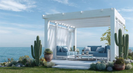 A modern outdoor living area features a white pergola, blue sofa, and cactus plants. The scene is bathed in bright sunlight, creating a serene atmosphere. The composition emphasizes natural light and open space, suitable for architectural visualization or lifestyle content. This image has potential for use in various commercial and editorial contexts.の素材