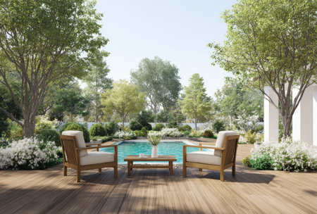Two wooden armchairs face each other near a swimming pool, creating a serene outdoor scene. Lush green trees and manicured bushes frame the area. The composition features a sunny, bright day with overhead lighting enhancing the details. This image is suitable for illustrating leisure, relaxation, and lifestyle concepts in various commercial contexts.の素材