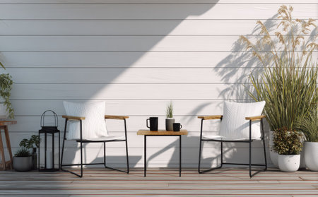 An inviting outdoor patio features two chairs, a small table, and decorative plants, casting a warm light. The composition highlights the seating against a white wall. It's a sunny day, creating shadows. Suitable for lifestyle, home decor, or architectural illustrations.の素材