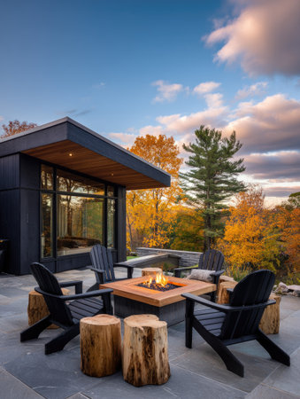 A modern outdoor seating arrangement features a square fire pit surrounded by wooden chairs. The setting includes a contemporary building facade. Autumn colors are visible in the trees against a partially cloudy sky. This image could be used for architectural presentations or lifestyle concepts.の素材