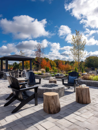 An outdoor scene presents a patio arrangement, featuring dark chairs around a central fire pit, complemented by tree stumps. A gazebo structure is visible in the background. The composition uses natural light under a vibrant blue sky with fluffy clouds. This setting could serve as a visual for recreational or leisure concepts.の素材