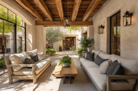 An outdoor living space features two seating areas with neutral-toned sofas. The scene showcases wooden beams, textured walls, and abundant natural light. The composition may be suitable for interior design concepts and architectural visualizations. This imagery could be used for various commercial applications.の素材