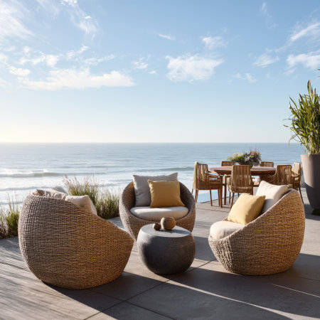 An outdoor scene displays wicker chairs and a small table on a stone patio. Soft lighting and warm tones highlight the textures of the furniture. The ocean and sky provide a serene backdrop. The image is suitable for uses related to interior design, leisure, and lifestyle.の素材