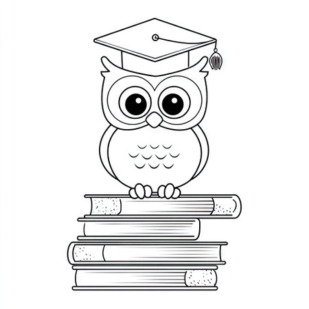 A cartoon owl with large eyes is depicted wearing a graduation cap atop a stack of books. This black and white illustration has a simple line art style. The image suggests concepts of learning and education. It is suitable for commercial or editorial applications concerning school or academia.の素材