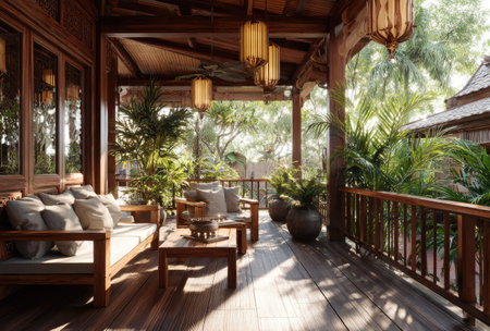 An outdoor veranda features wooden furniture, potted plants, and decorative hanging lanterns. Sunlight streams through the open space, illuminating the natural textures of the wood and foliage. This image can be used for architectural, interior design, or lifestyle projects.の素材