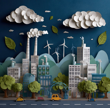 A papercraft city scene showcases an eco-friendly urban environment with wind turbines, trees, and buildings. The composition features layered elements with varied colors, textures, and a dark blue background. This artwork can be used for promoting environmental themes, illustrating sustainable living, or for creative design projects.の素材