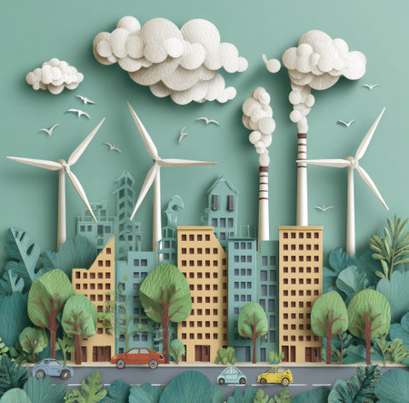 A layered paper art piece depicts a cityscape integrating renewable energy sources. Wind turbines stand alongside stylized industrial chimneys against a green backdrop. The composition features buildings, trees, and clouds, all rendered in a vibrant papercraft style, suitable for various commercial and editorial applications.の素材