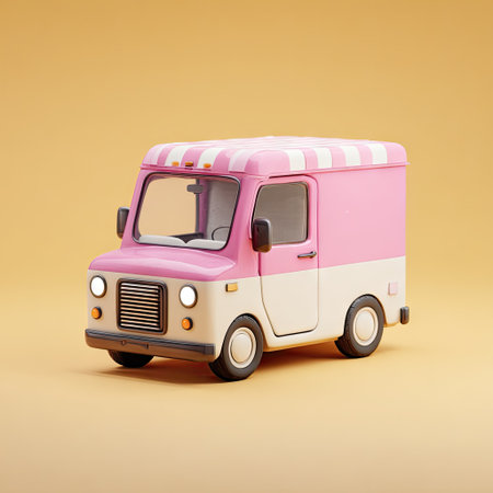 A charming food truck in a pastel color scheme is featured against a soft yellow backdrop. The vehicle exhibits a blend of pink and white hues with a striped roof. The overall composition and lighting suggests a studio setting, suitable for various commercial and design applications.の素材