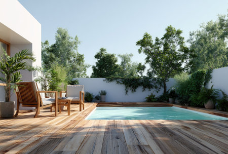 An outdoor scene presents a swimming pool surrounded by a wooden deck and comfortable chairs. The environment showcases lush greenery under a clear sky. The image employs natural lighting and a modern style, suitable for architectural visualization and lifestyle concepts. It can be used for various design, advertising, and commercial purposes.の素材