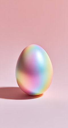 An egg-shaped object is displayed against a soft pink backdrop. The egg showcases a spectrum of pastel hues, with visible gradients and highlights. The lighting creates shadows adding depth. The composition is minimalistic. Suitable for various commercial projects and design applications.の素材