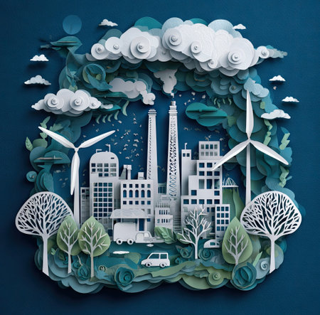 This paper cut illustration features a city with windmills and eco-friendly elements. The artwork uses white, green, and blue tones, with various textures and layered elements. It depicts a scene possibly suggesting environmental themes, suitable for various editorial or commercial projects focused on sustainability and urban development.の素材