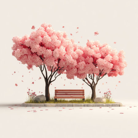 This image features two pink flowering trees with a park bench in the center, set against a clean white backdrop. The artwork showcases detailed textures and a vibrant color palette. The composition is simple, offering copy space and lending itself to various commercial and editorial applications. The lighting is soft, suggesting a tranquil setting.の素材