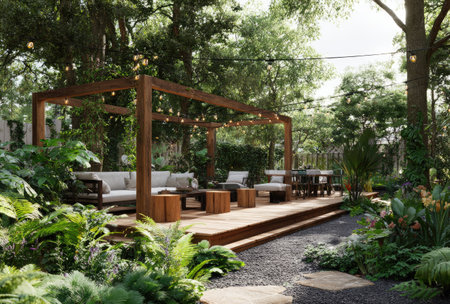 An outdoor wooden patio area features lounge seating and tables surrounded by lush greenery. The scene is illuminated by overhead string lights, suggesting an evening gathering space. This composition highlights textures and natural elements, suitable for commercial and editorial applications showcasing outdoor living concepts.の素材