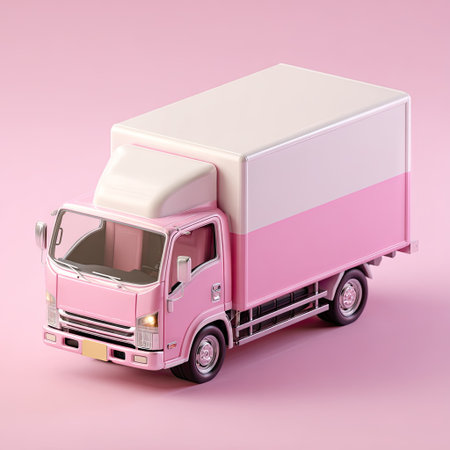 A 3D rendered pink and white delivery truck is showcased against a soft pink backdrop. The vehicle presents a clean, modern design, with smooth surfaces and a minimalist aesthetic. The image features even lighting and suggests a studio environment, lending itself well to commercial projects and advertising concepts focused on transportation.の素材