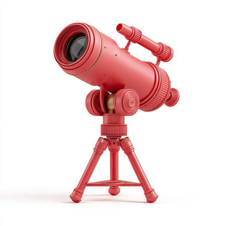 A vibrant red telescope is presented against a clean white backdrop. The illustration highlights the equipment's design, featuring a tripod base and various adjustment knobs. This image showcases smooth textures and even lighting. It's suitable for scientific publications, educational materials, or illustrative purposes.の素材