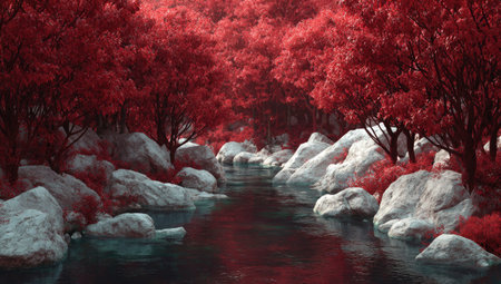 A tranquil forest scene displays a river flowing through a landscape. The image features red foliage, white rocks, and the water's reflections. The composition utilizes a sense of depth and balance. Suitable for editorial use, this natural scene evokes a serene mood.の素材