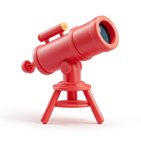A vibrant red cartoon-style telescope is depicted against a clean white backdrop. The design showcases smooth surfaces and a playful aesthetic. This image is suitable for illustrating concepts related to science, exploration, and research. It could be used in various commercial and educational projects.の素材