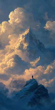 A solitary figure stands atop a snow-covered mountain summit, looking towards a larger, majestic peak. The scene is dominated by voluminous, sunlit clouds, creating a dramatic contrast between light and shadow. The art style suggests a digital painting, suitable for various commercial and editorial applications.の素材
