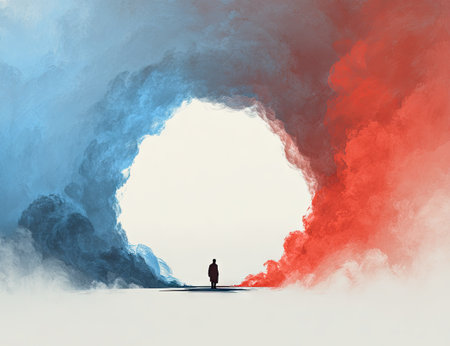 A lone person silhouette stands at the center of an abstract composition of red and blue smoke. The smoke fills the frame, contrasting against a white background, and creating a visual divide. The image uses dynamic lighting, suggesting a stylized environment suitable for editorial or commercial projects.の素材