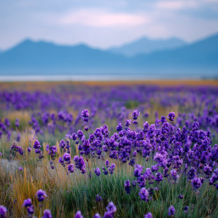 A vibrant field of purple flowers dominates the foreground, contrasted against distant mountains under a soft sky. The composition highlights natural textures and colors, employing soft lighting. The scene suggests outdoor settings. Ideal for use in various commercial and editorial applications.の素材
