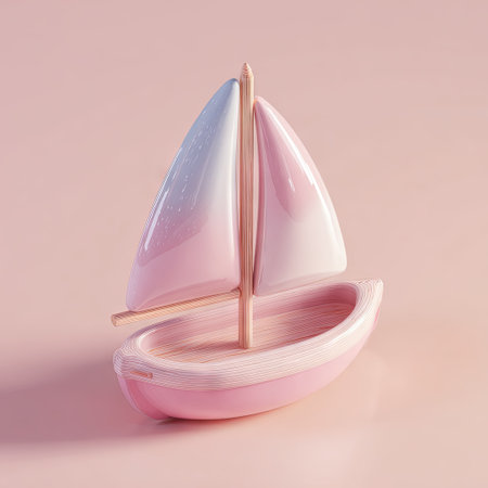 A stylized illustration presents a pink sailboat against a soft, monochromatic backdrop. The boat features a gradient sail and minimalist design. The image showcases a simple composition and soft lighting, offering versatile applications for design projects and commercial needs. The overall aesthetic suggests a clean and modern visual.の素材