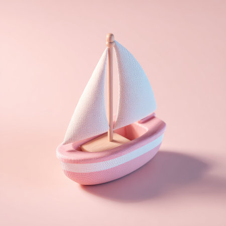 A small pink and white toy sailboat is displayed against a soft pastel background. The image features a minimalist style with smooth textures and soft lighting, creating a calming ambiance. This visual could be suitable for various applications, including advertising or design projects where a touch of elegance is needed.の素材