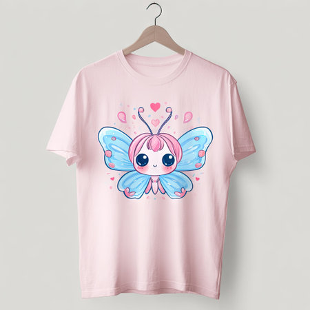A light pink t-shirt displays a whimsical butterfly illustration. The design features a cute cartoon style with blue, pink, and other pastel colors. Soft lighting and a plain background enhance the focus on the artwork. This image is suitable for various print-on-demand and design projects.の素材