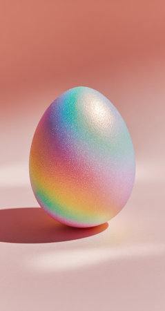 A single iridescent egg, featuring a spectrum of colors, stands on a pink surface. The egg's smooth texture and soft lighting create a clean, studio-like aesthetic. The composition focuses on the egg's vibrant gradients and subtle shadows, suitable for various decorative or festive purposes.の素材