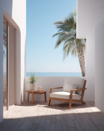 This image shows a bright, sunny exterior scene featuring an armchair and small table. The composition highlights the chair, with a view of the ocean and a palm tree in the background. The setting suggests a relaxed environment, perfect for various lifestyle and travel-related applications.の素材