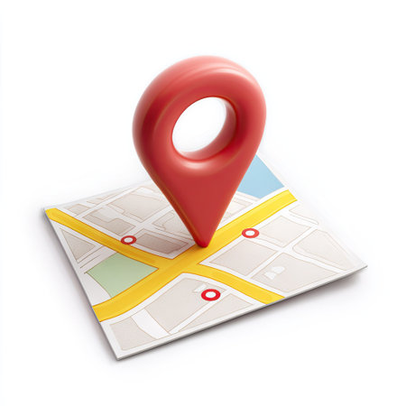 A red location marker is placed on a detailed, illustrated street map, with a bright white background. The vibrant color of the pin contrasts with the map's yellow, blue, and green accents, representing direction or destination. This image could be used for various digital or printed projects.の素材