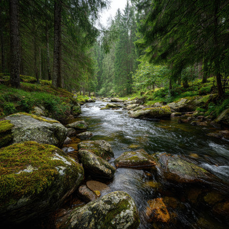 A clear river meanders through a dense forest. Green trees and moss-covered rocks dominate the scene. The composition features natural lighting, with a focus on texture and depth. This imagery is suitable for environmental, travel, and nature-related projects, providing visual elements for editorial or commercial purposes.の素材