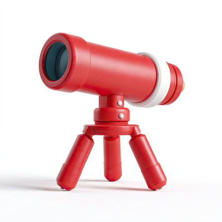 A vibrant red telescope, rendered in a clean, cartoon style, is depicted against a plain white backdrop. The instrument is positioned on a small tripod, suggesting stability. The image showcases bright colors, smooth textures, and direct lighting, suitable for projects related to discovery and space.の素材