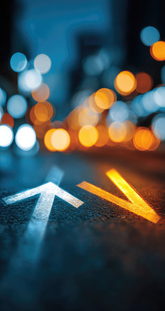 Two illuminated arrows point in opposite directions on a road surface. The image features a blurred background of city lights in shades of blue and orange. The overall composition suggests a nighttime setting. This image may be suitable for use in design projects or to represent concepts of choice and direction.の素材