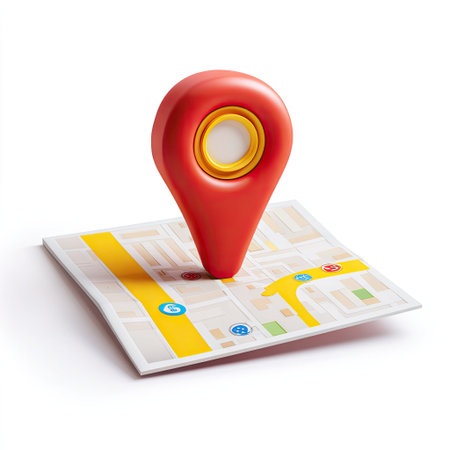 A red location marker, featuring a yellow center, sits atop a stylized map. The image displays a brightly lit, white background. This graphic representation might serve in presentations, website designs, or promotional material emphasizing travel, direction, and location services.の素材