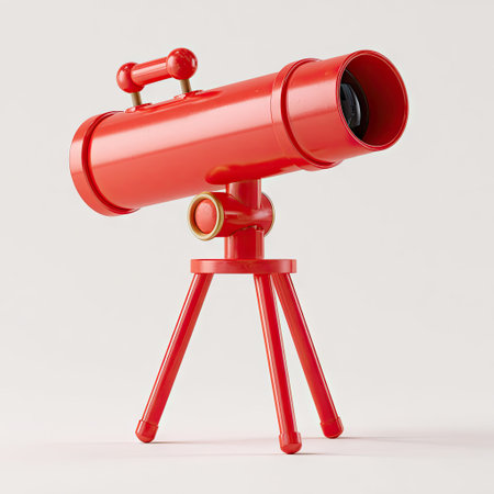 A vibrant red telescope stands on a tripod, presented against a clean white backdrop. The object showcases a glossy texture and a contemporary style. The composition suggests a studio setting, emphasizing the subject's details. Suitable for projects related to science, discovery, or conceptual visuals.の素材