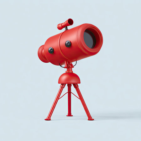A vibrant red telescope, mounted on a matching tripod, is centered against a simple light blue backdrop. The illustration uses a bright, bold color palette and smooth, rounded forms. This image could be used for scientific illustration, educational materials, or conceptual design projects, emphasizing observation and discovery.の素材