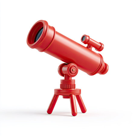 A vibrant red telescope stands isolated against a clean white backdrop. The instrument is depicted with a three-legged stand. The image features vivid colors and a studio-style lighting. This image could be utilized in various commercial projects, including educational materials and scientific presentations.の素材