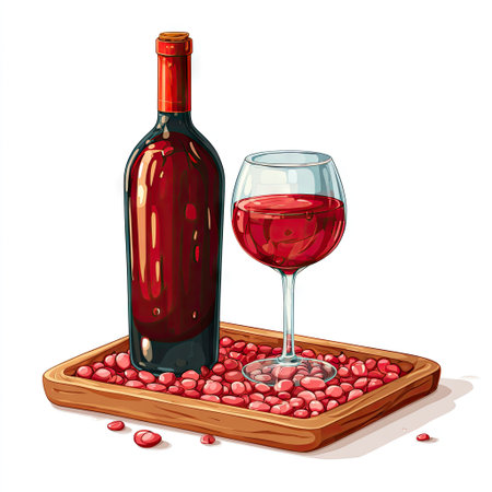 A digital illustration presents a wine bottle and a glass filled with red liquid. The objects rest on a wooden tray filled with red spheres. The composition features vibrant colors against a white background. The style is illustrative, suitable for culinary or beverage-related projects, and general advertising.の素材
