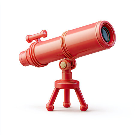 A vibrant red telescope is depicted against a clean white backdrop. The illustration showcases a detailed three-dimensional design, highlighting the instrument's structure. The object is illuminated with soft lighting, which accentuates its smooth texture. Suitable for educational publications, scientific resources, or promotional materials.の素材