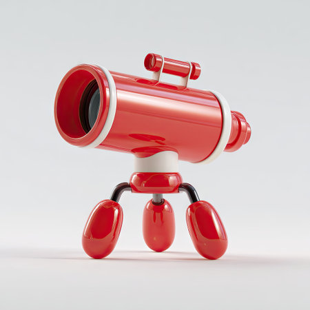A vibrant illustration showcases a red cartoon telescope mounted on a tripod. The design features smooth, glossy surfaces and a contrasting white accent. The composition is centered, placed against a plain light gray background, suggesting an indoor studio setting. Suitable for various design projects, it may be applied for educational or conceptual uses.の素材